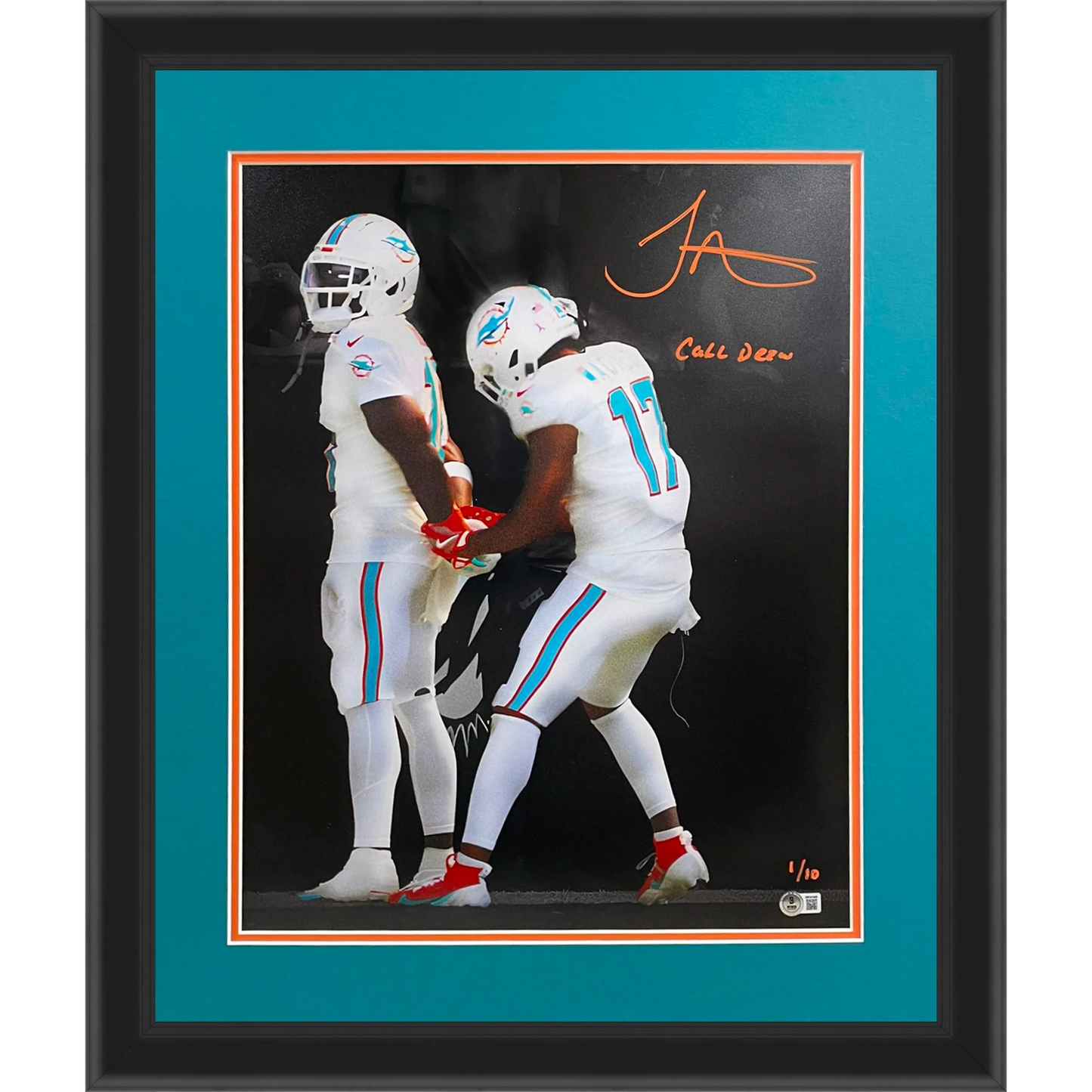 Tyreek Hill Autographed Miami Dolphins (Handcuffs Celebration Spotlight) Deluxe Framed 16x20 Photo w/ "Call Drew" - Limited Edition of 10 - Beckett