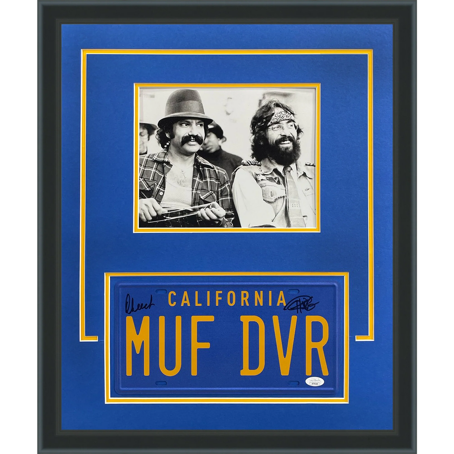 Cheech Marin And Tommy Chong Dual Autographed Cheech And Chong Up In Smoke Deluxe Framed Piece with MUF DVR License Plate - JSA