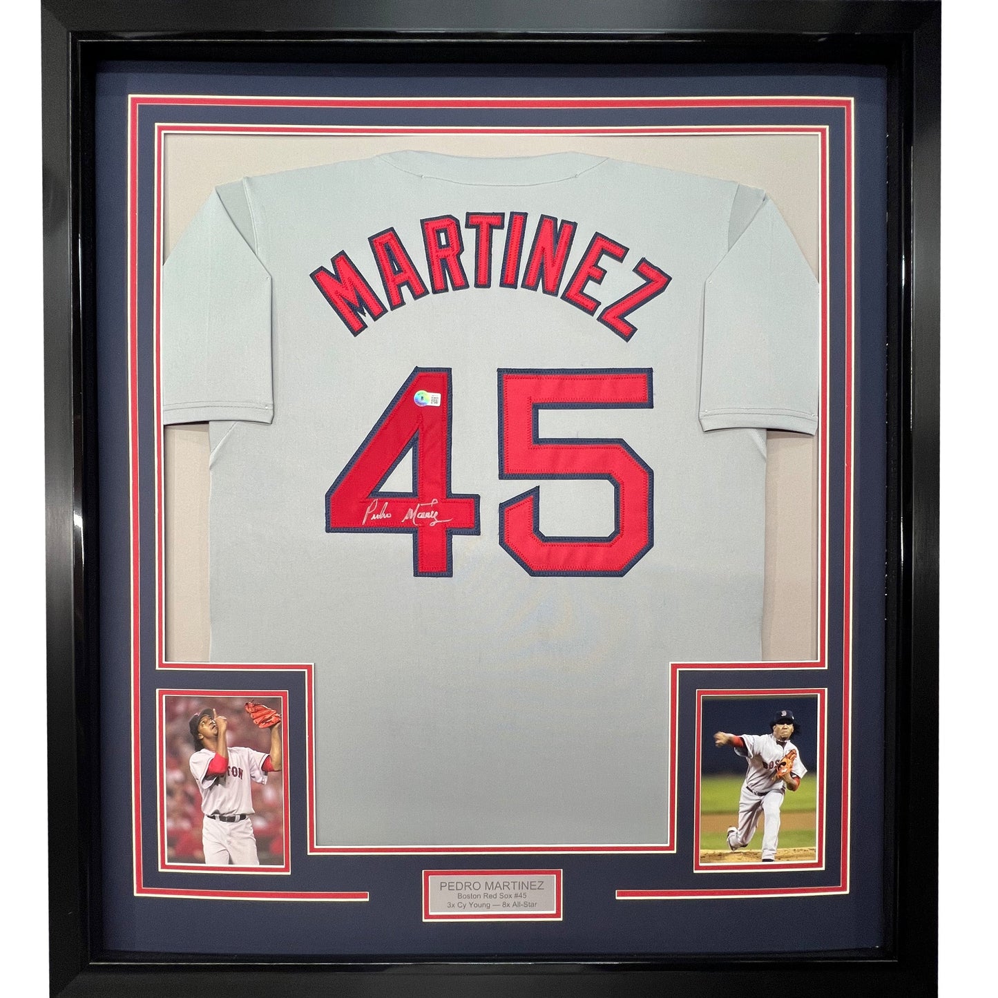 Framed Autographed/Signed Pedro Martinez 35x39 Boston Grey Baseball Jersey JSA COA