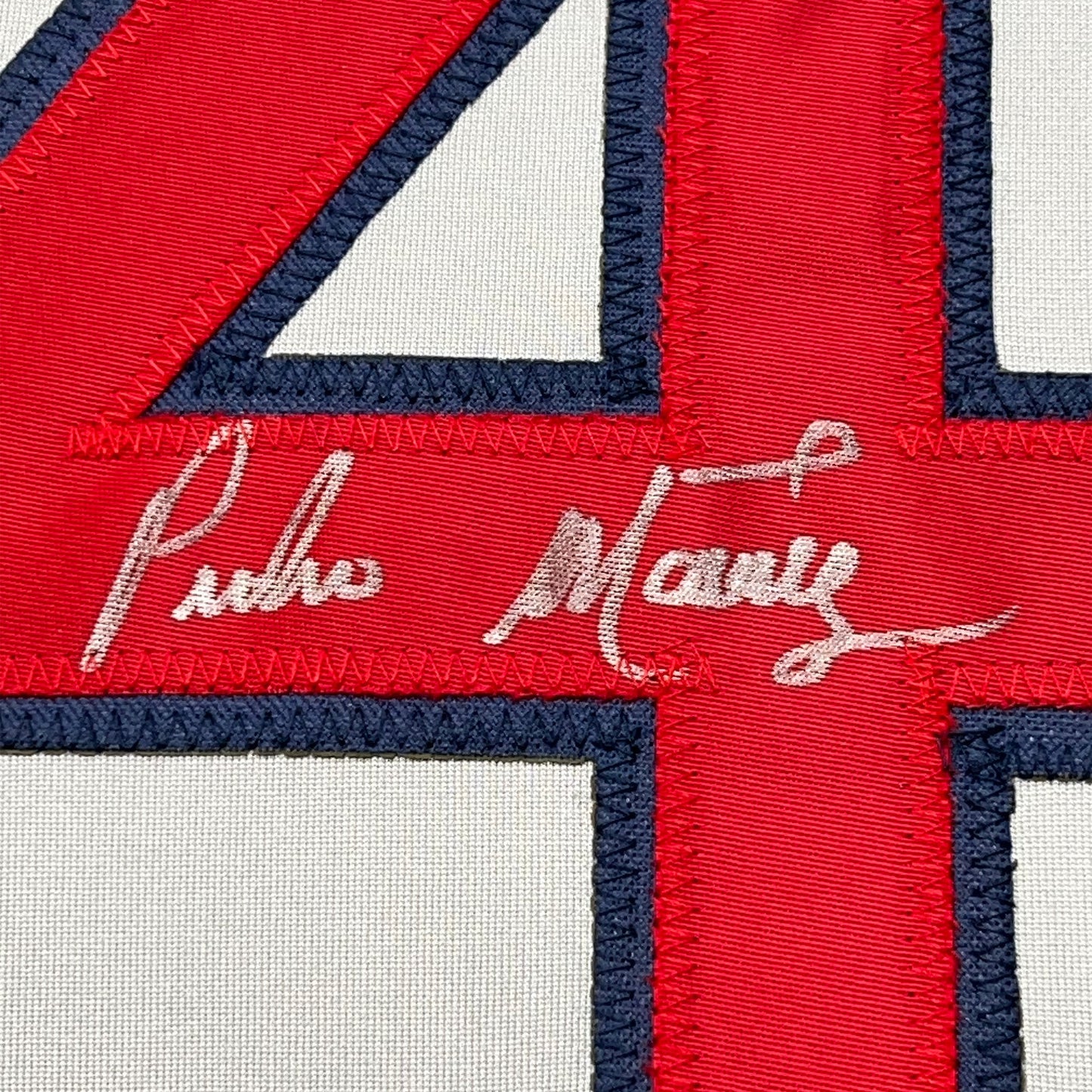 Framed Autographed/Signed Pedro Martinez 35x39 Boston Grey Baseball Jersey JSA COA