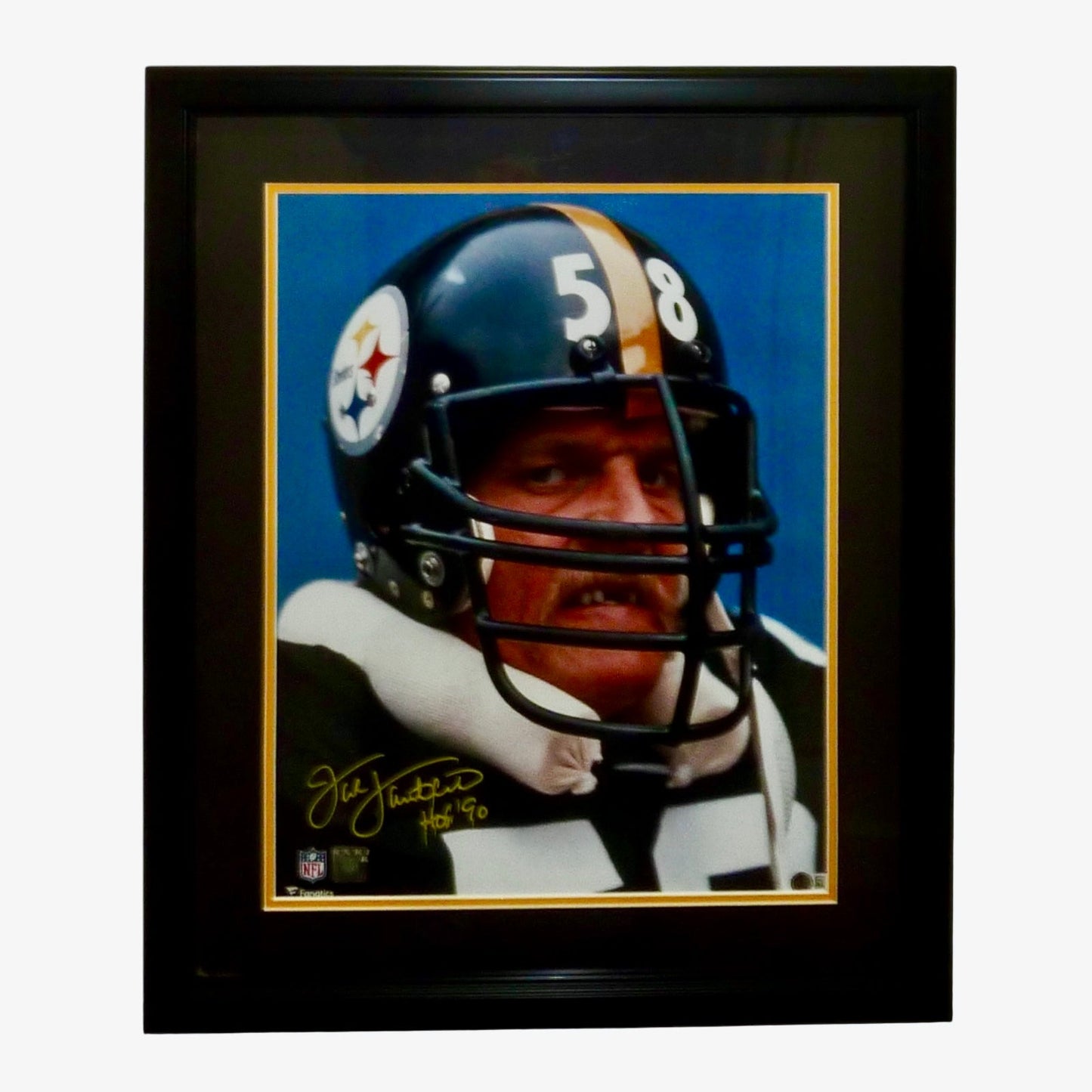 Jack Lambert Autographed Pittsburgh Steelers (Teeth Shot) Deluxe Framed 16x20 Photo w/ "HOF 90" - Lambert Holo