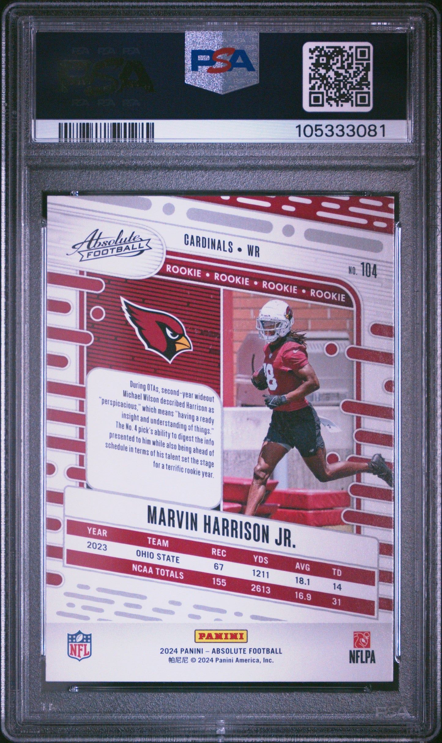 Graded 2024 Panini Absolute Marvin Harrison Jr #104 Rookie RC Football Card PSA 10 Gem Mint