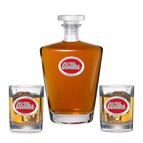 University of Mississippi "Ole Miss" Red Logo Royal Decanter with 2 Glasses