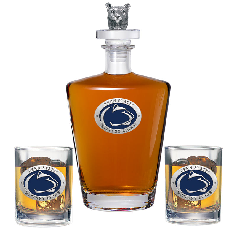Penn State Royal Decanter with 3D Top Cougar & 2 Glasses