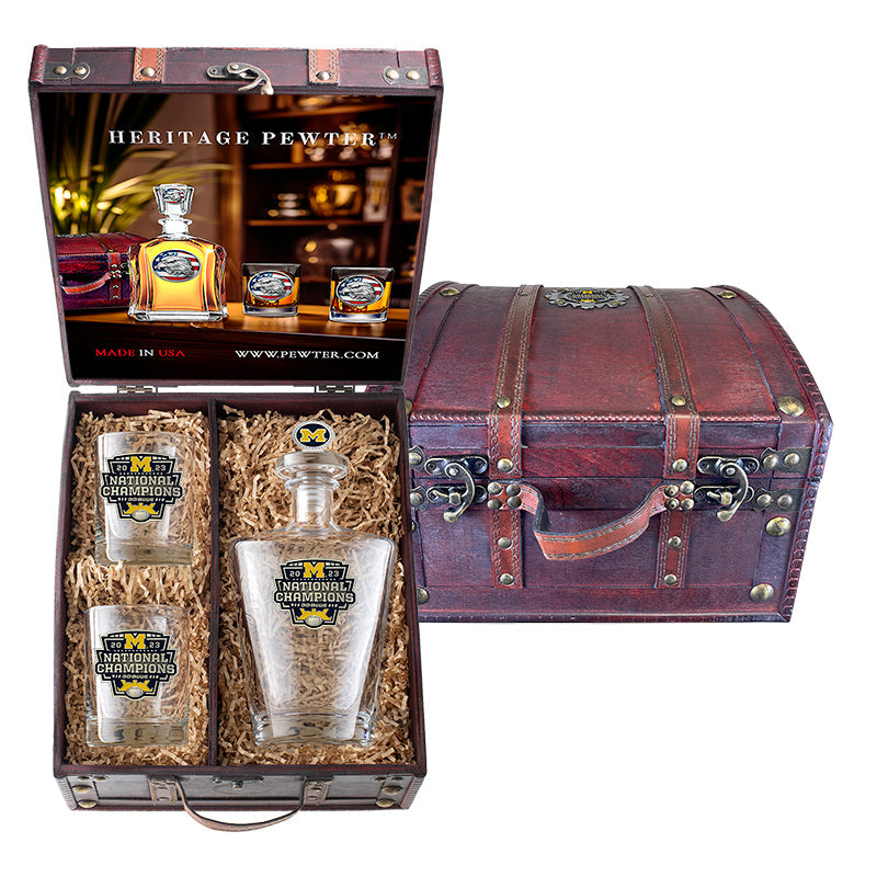 2023 Michigan Football Championship Royal Decanter w/ 3D Top and 2 Glasses w/ Chest Box