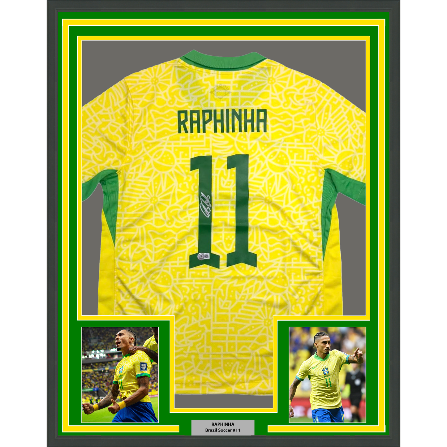 Framed Autographed/Signed Raphinha Raphael Belloli 35x39 Brazil Yellow Soccer Jersey Beckett BAS COA
