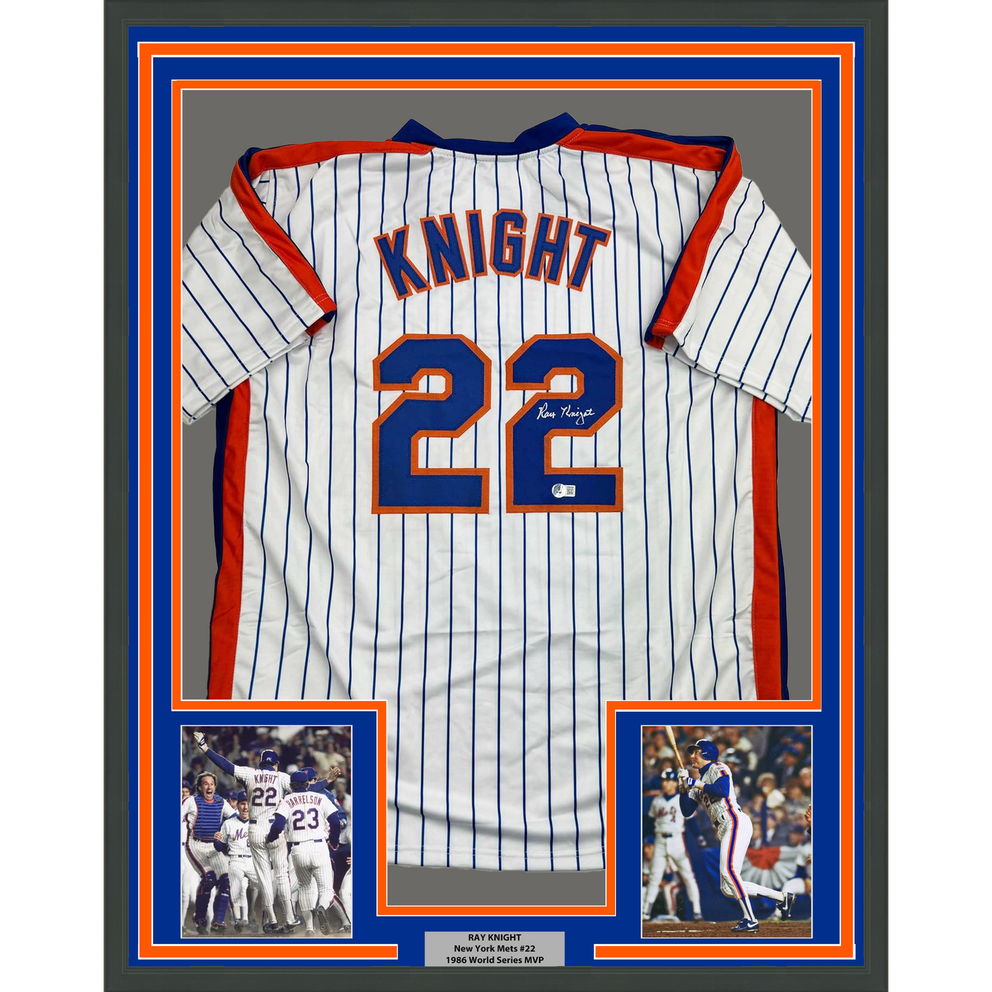 Framed Autographed/Signed Ray Knight 35x39 New York Pinstripe Baseball Jersey Beckett BAS COA