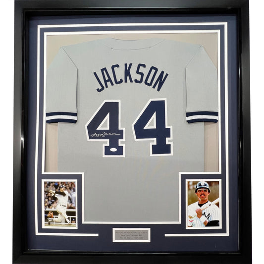 Framed Autographed/Signed Reggie Jackson 35x39 New York Grey Baseball Jersey JSA COA