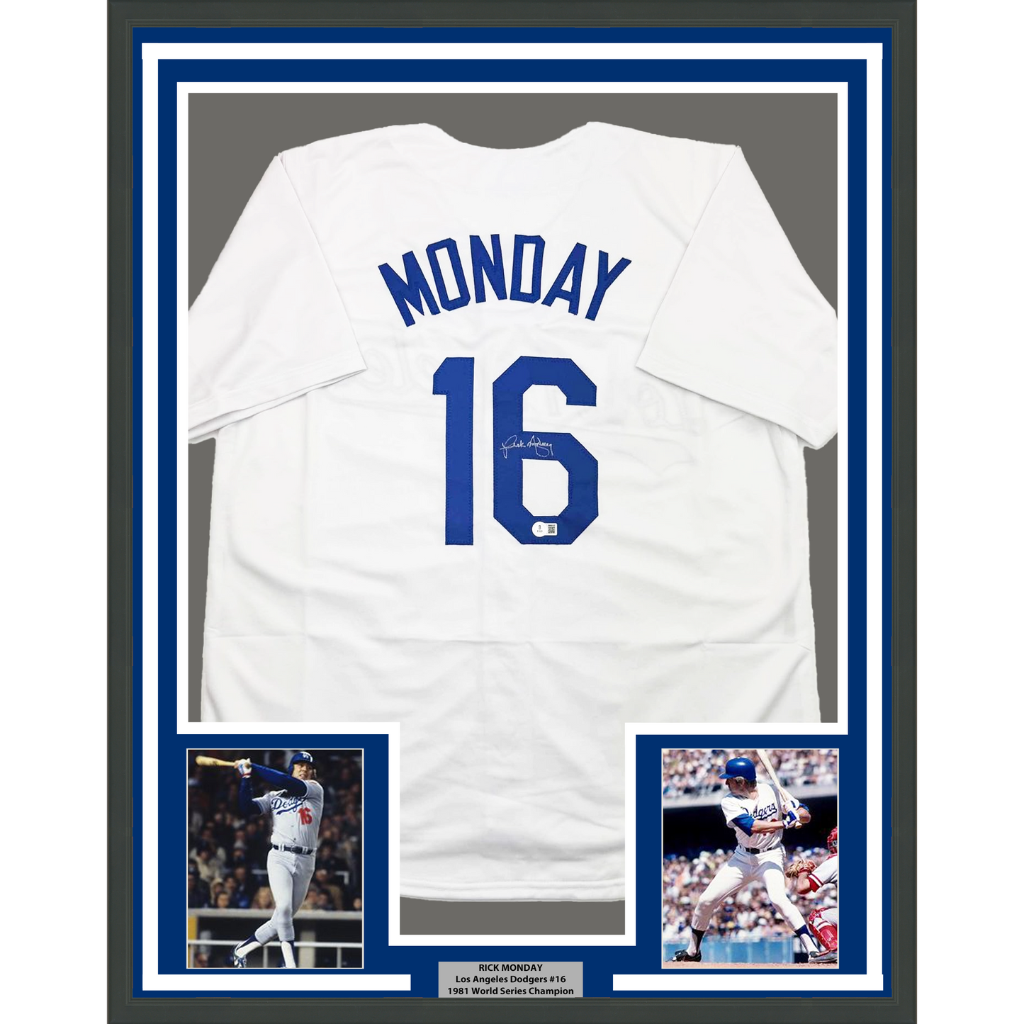 Framed Autographed/Signed Rick Monday 35x39 Los Angeles LA White Baseball Jersey Beckett BAS COA