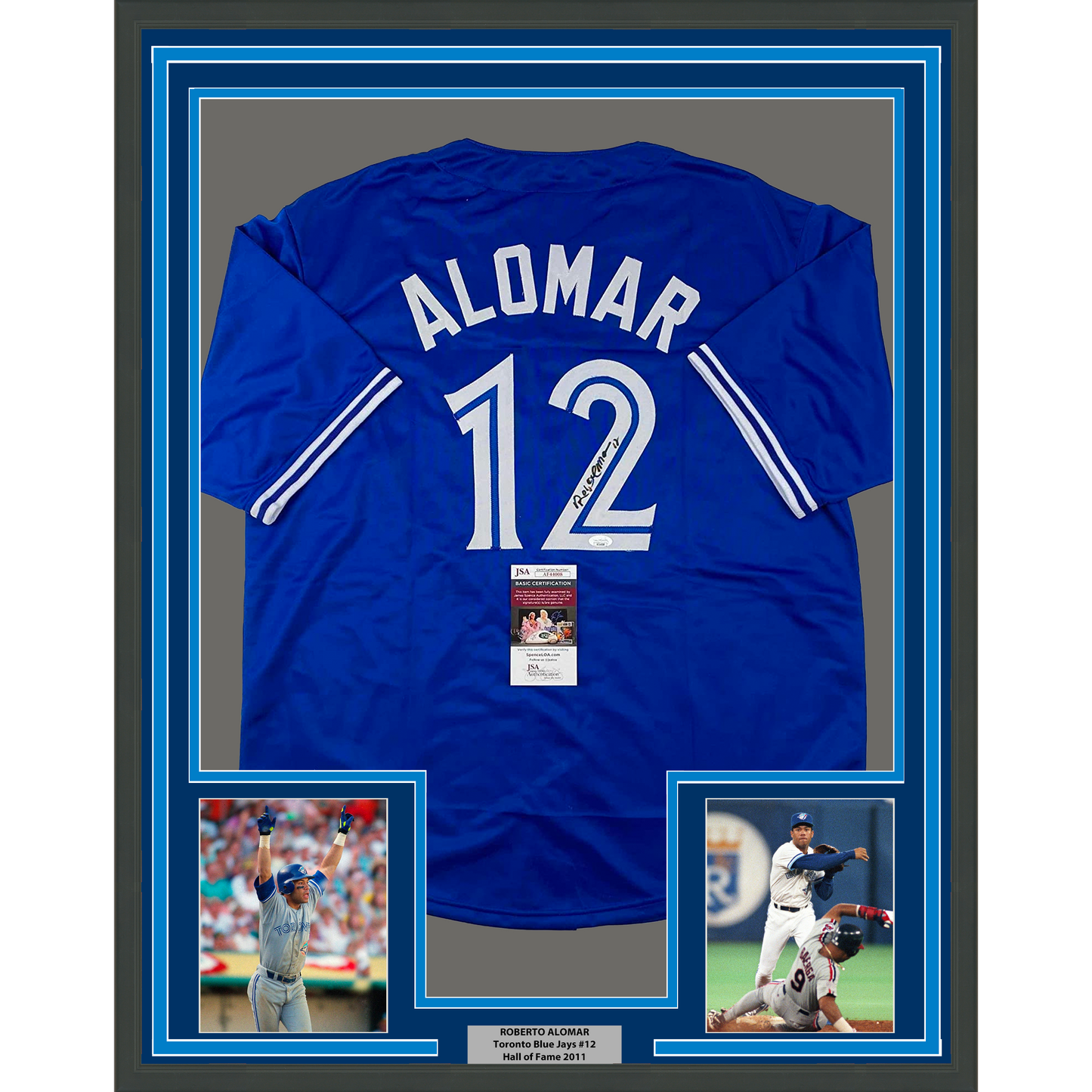 Framed Autographed/Signed Roberto Alomar 35x39 Toronto Blue Baseball Jersey JSA COA
