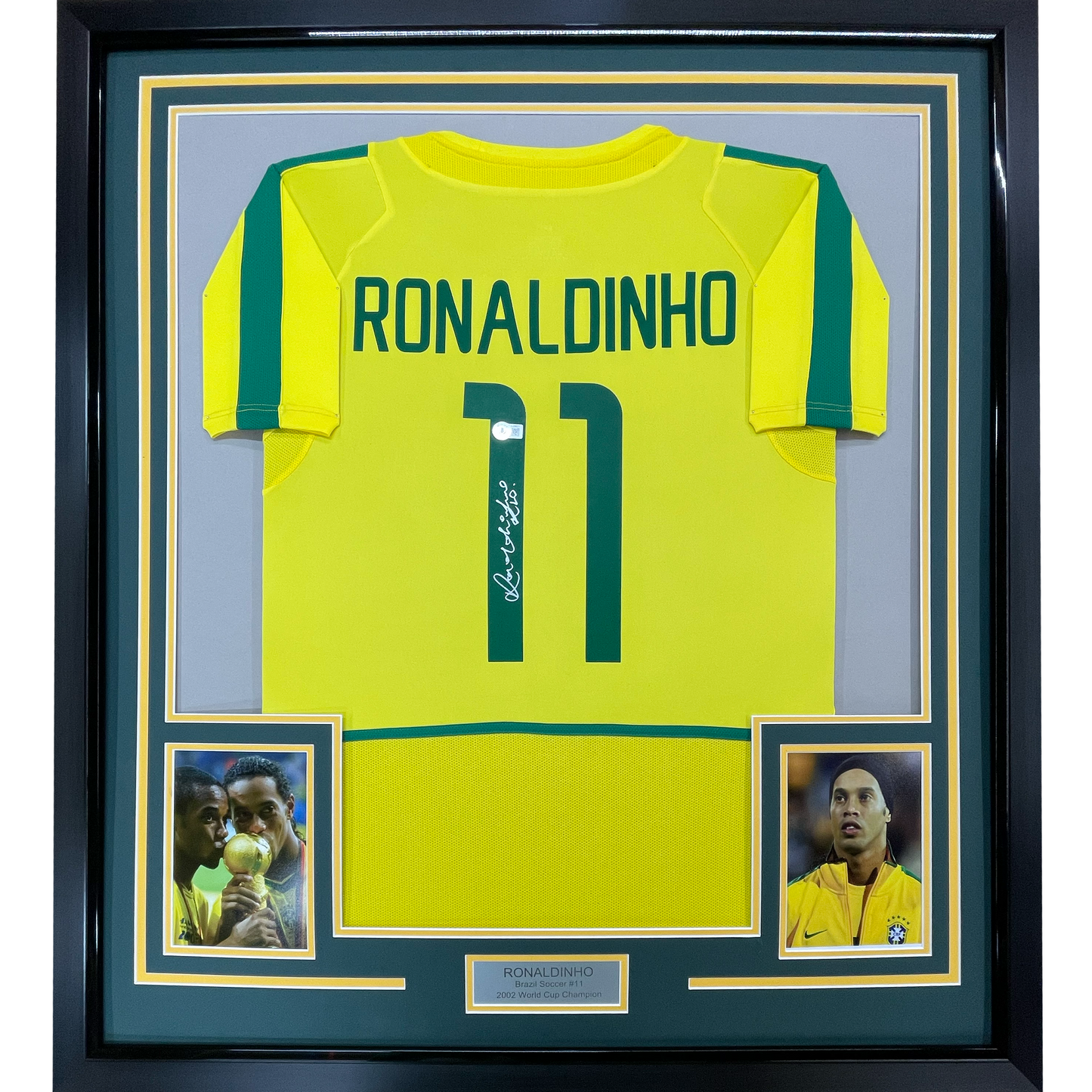 Framed Autographed/Signed Ronaldinho 35x39 Brazil Yellow Soccer Futbol Jersey Beckett BAS COA