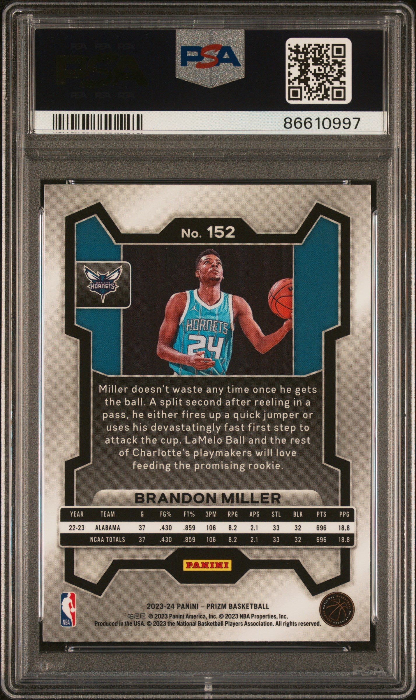 Graded 2023 Panini Prizm Brandon Miller #152 Rookie RC Basketball Card PSA 10 Gem Mint