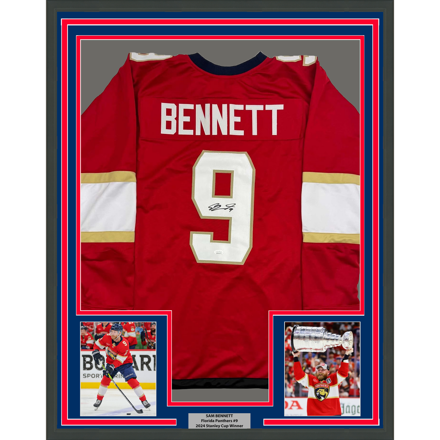Framed Autographed/Signed Sam Bennett 35x39 Florida Red Hockey Jersey JSA COA