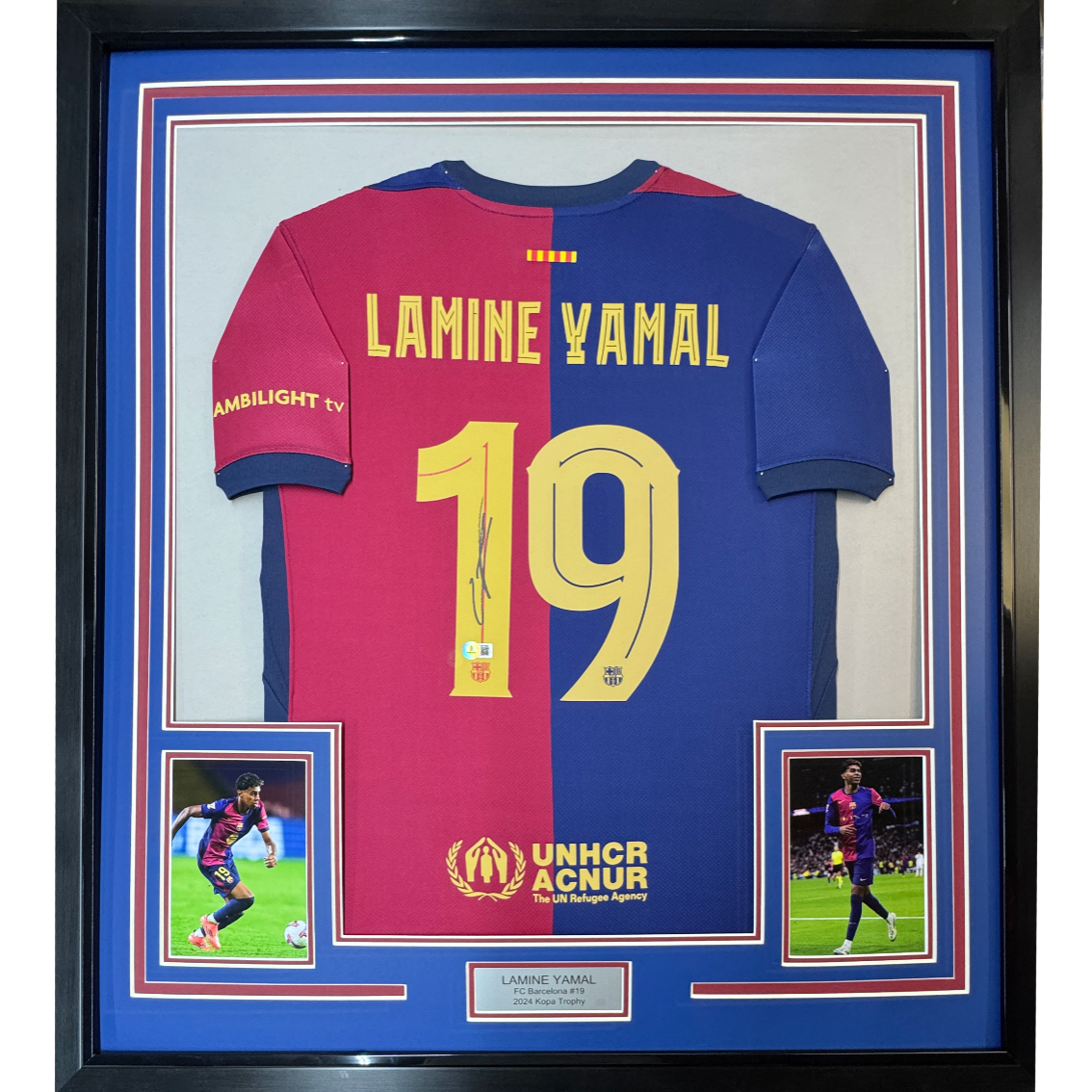 Framed Autographed/Signed Lamine Yamal 35x39 FC Barcelona Blue Soccer Jersey Beckett BAS COA