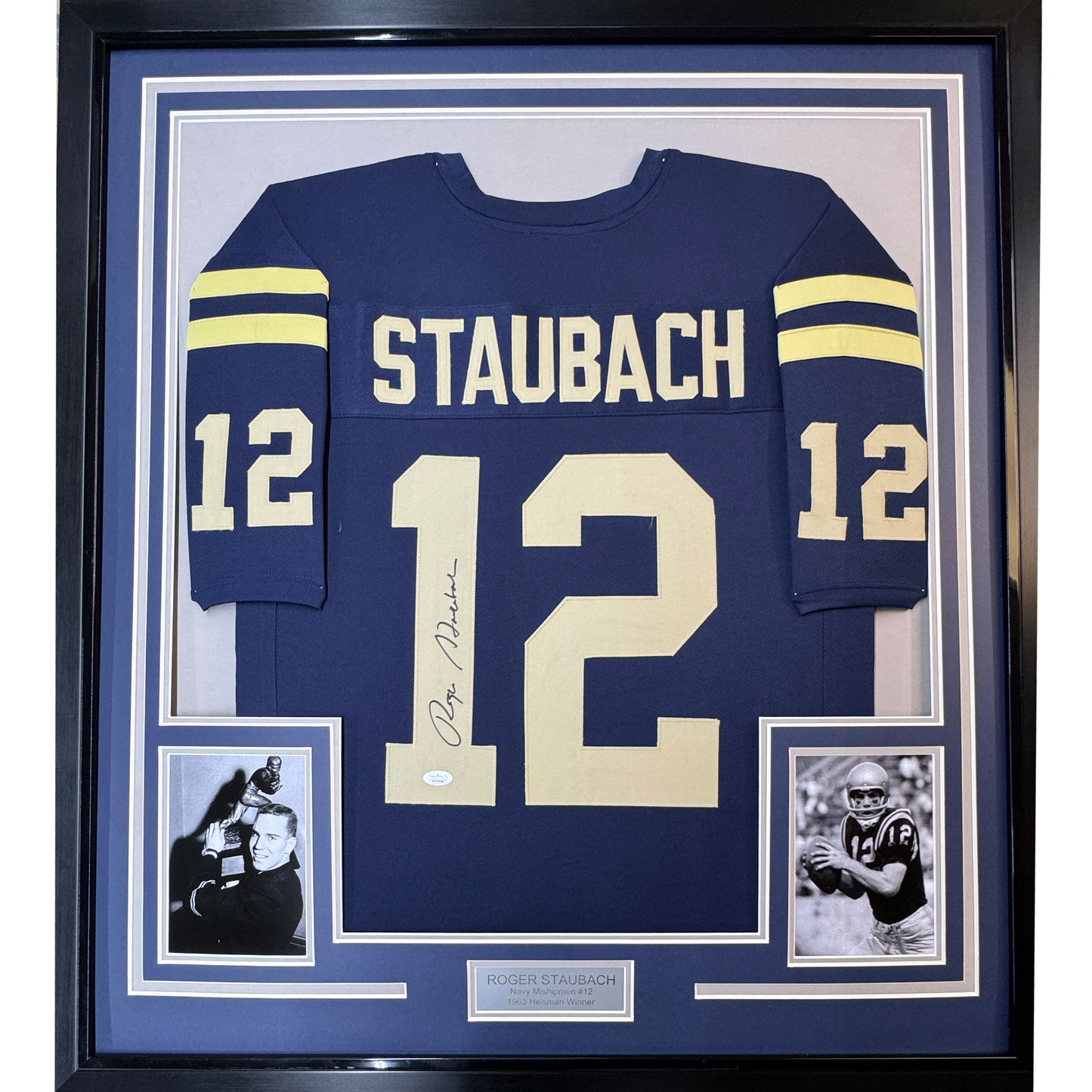 Framed Autographed/Signed Roger Staubach 35x39 Navy Midshipmen Blue College Football Jersey JSA COA