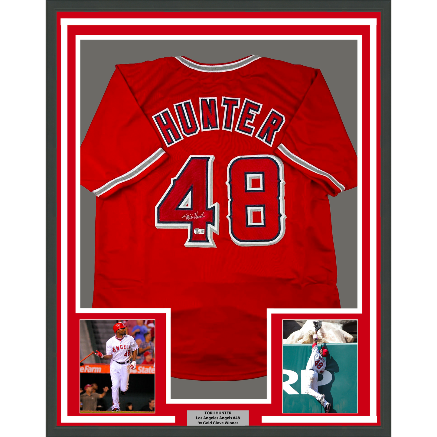 Framed Autographed/Signed Torii Hunter 35x39 Los Angeles Anaheim Red Baseball Jersey Beckett BAS COA