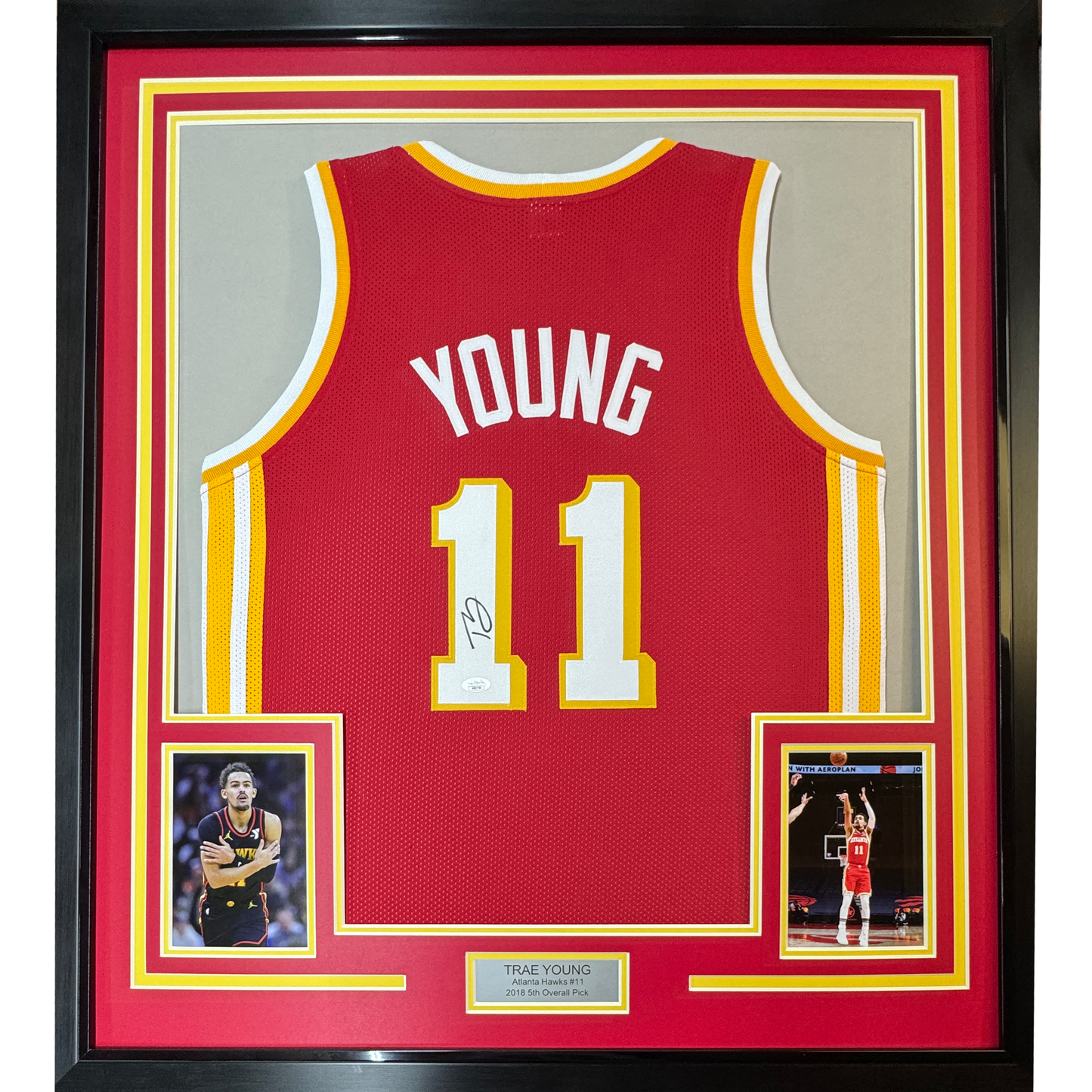 Framed Autographed/Signed Trae Young 35x39 Atlanta Red Basketball Jersey JSA COA