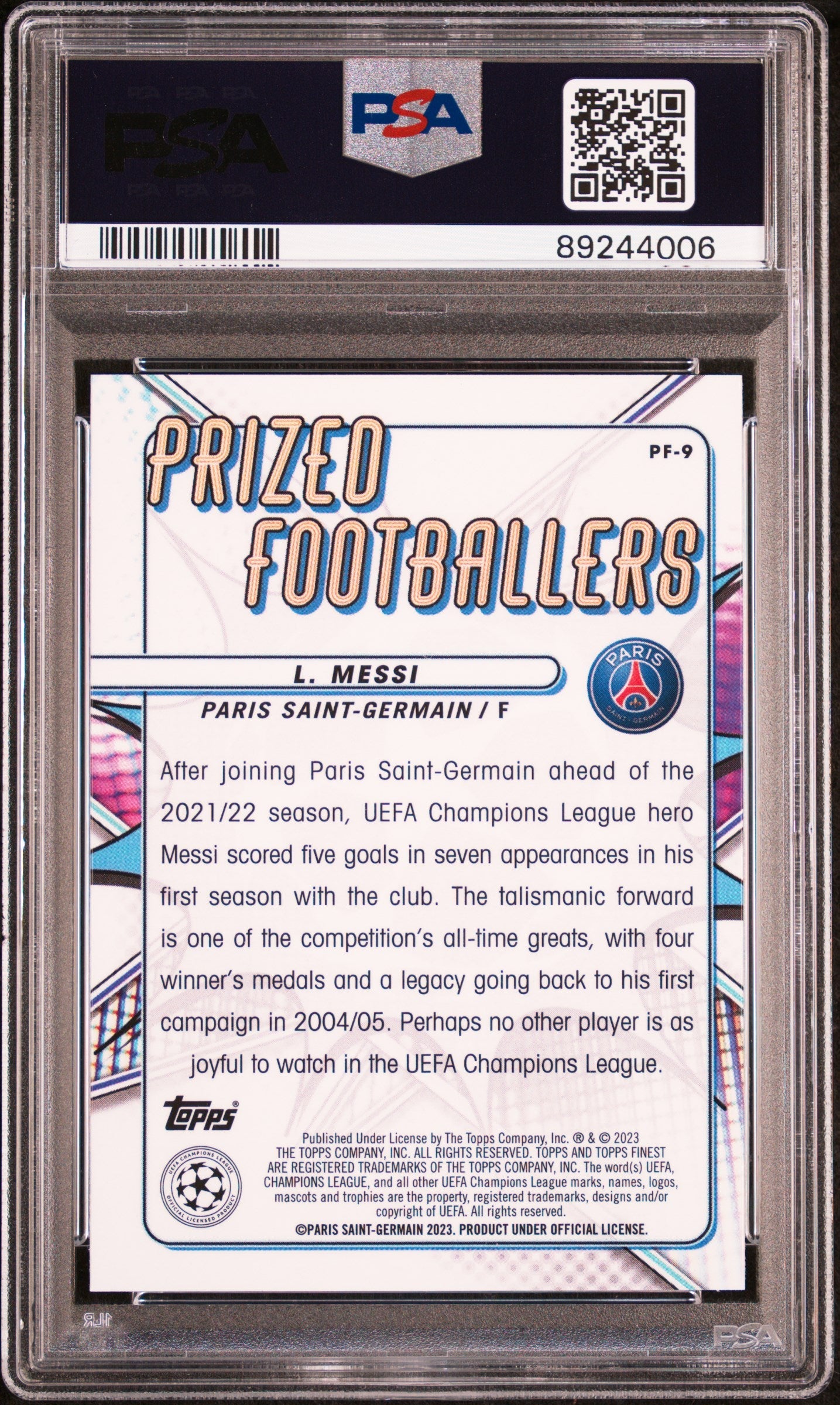 Graded 2022 Topps Finest UCC Lionel Messi #PF9 Prized Footballers Soccer Card PSA 10 Gem Mint