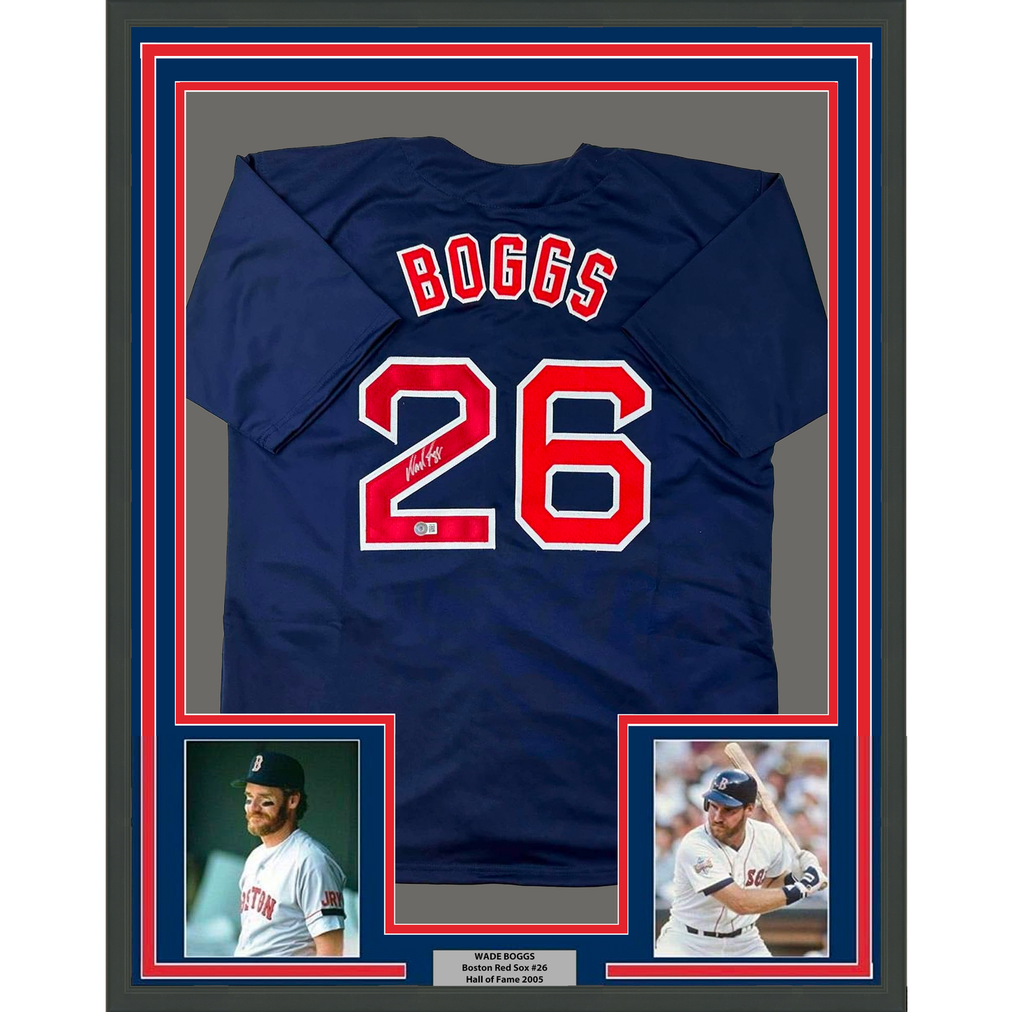 Framed Autographed/Signed Wade Boggs 35x39 Boston Blue Baseball Jersey Beckett BAS COA