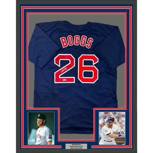 Framed Autographed/Signed Wade Boggs 35x39 Boston Blue Baseball Jersey Beckett BAS COA