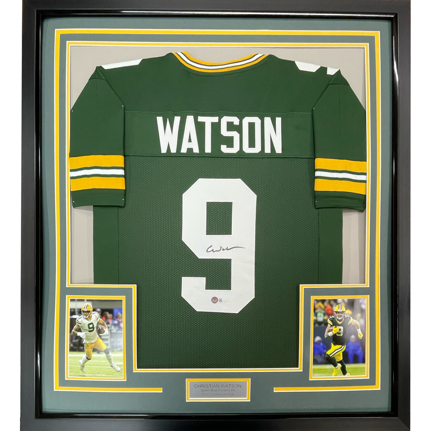 Framed Autographed/Signed Christian Watson 35x39 Green Bay Green Football Jersey Beckett BAS COA