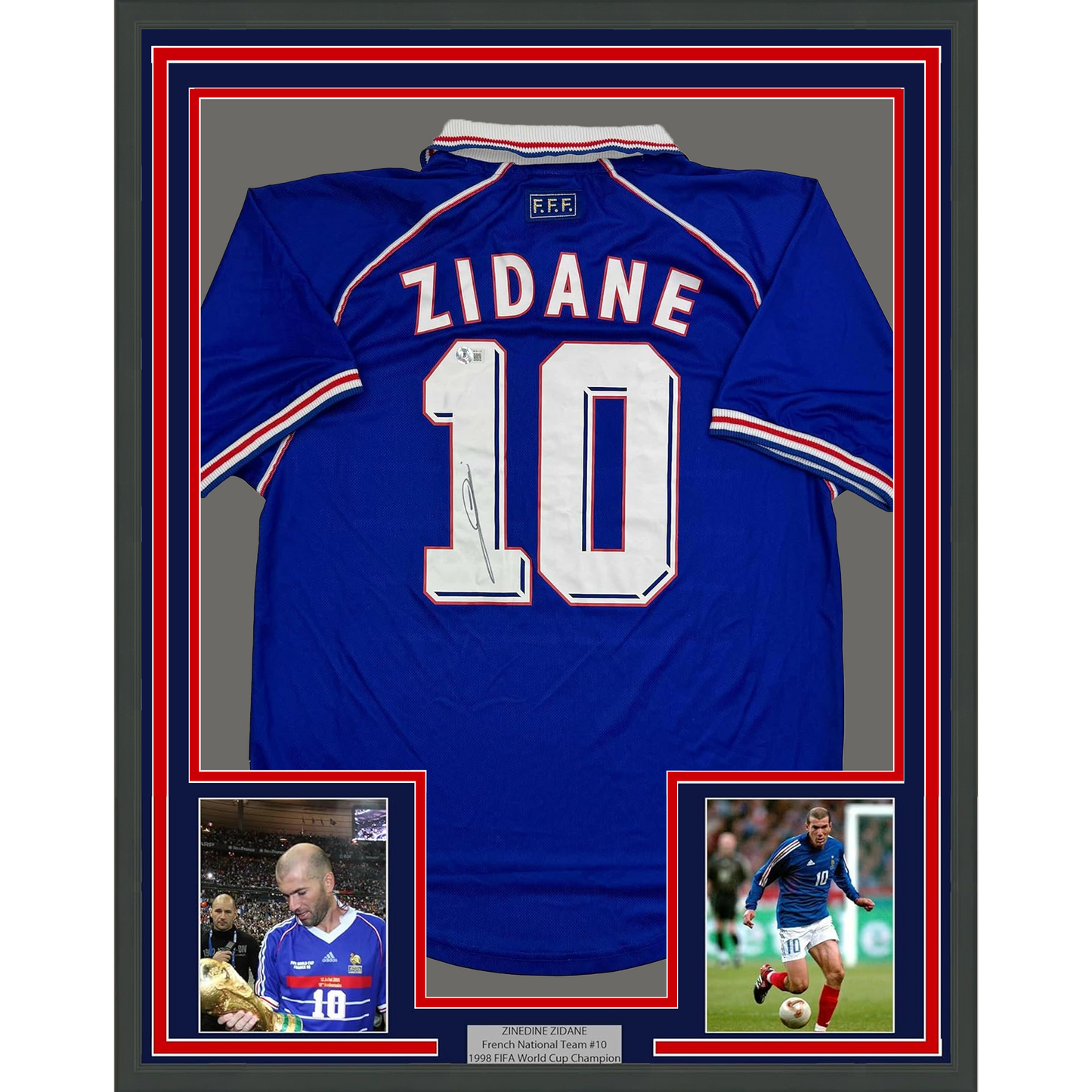Framed Autographed/Signed Zinedine Zidane 35x39 France French National Team Blue Soccer Jersey Beckett BAS COA