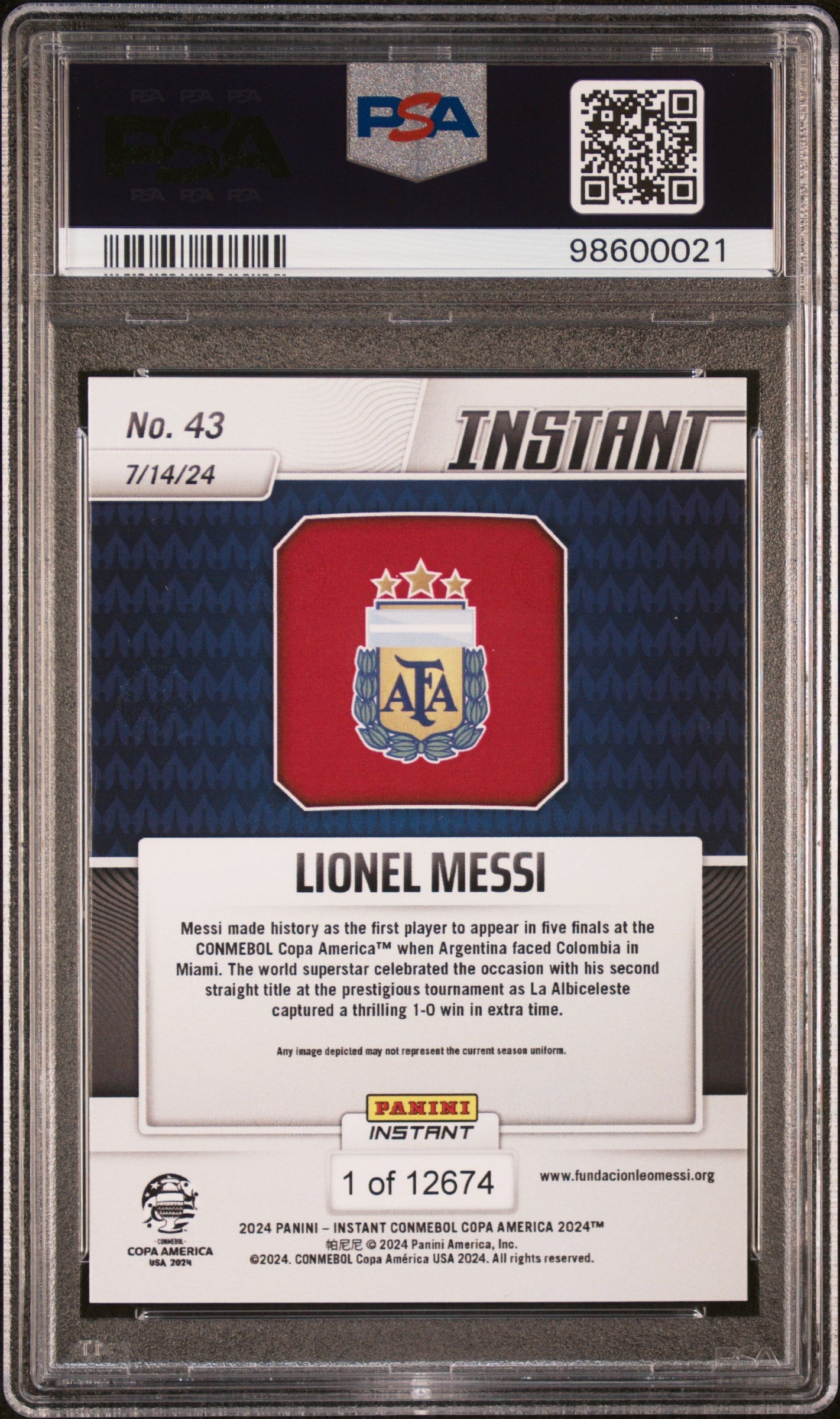Graded 2024 Panini Instant Lionel Messi #43 Copa America Soccer Card PSA 10 Gem Mint