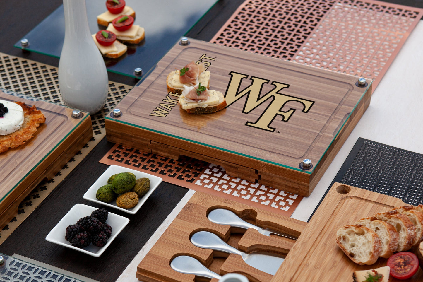 Wake Forest Demon Deacons - Concerto Glass Top Cheese Cutting Board & Tools Set
