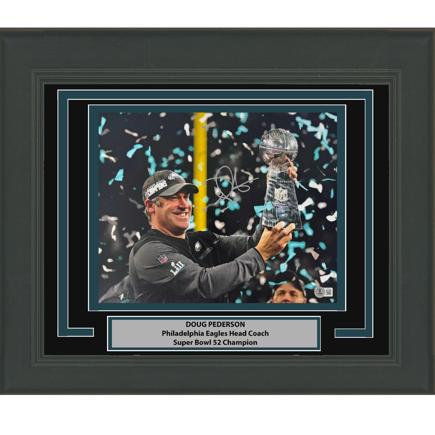 Framed Autographed/Signed Doug Pederson Philadelphia Eagles Super Bowl LII 52 Champions 8x10 Football Photo Beckett BAS COA #2