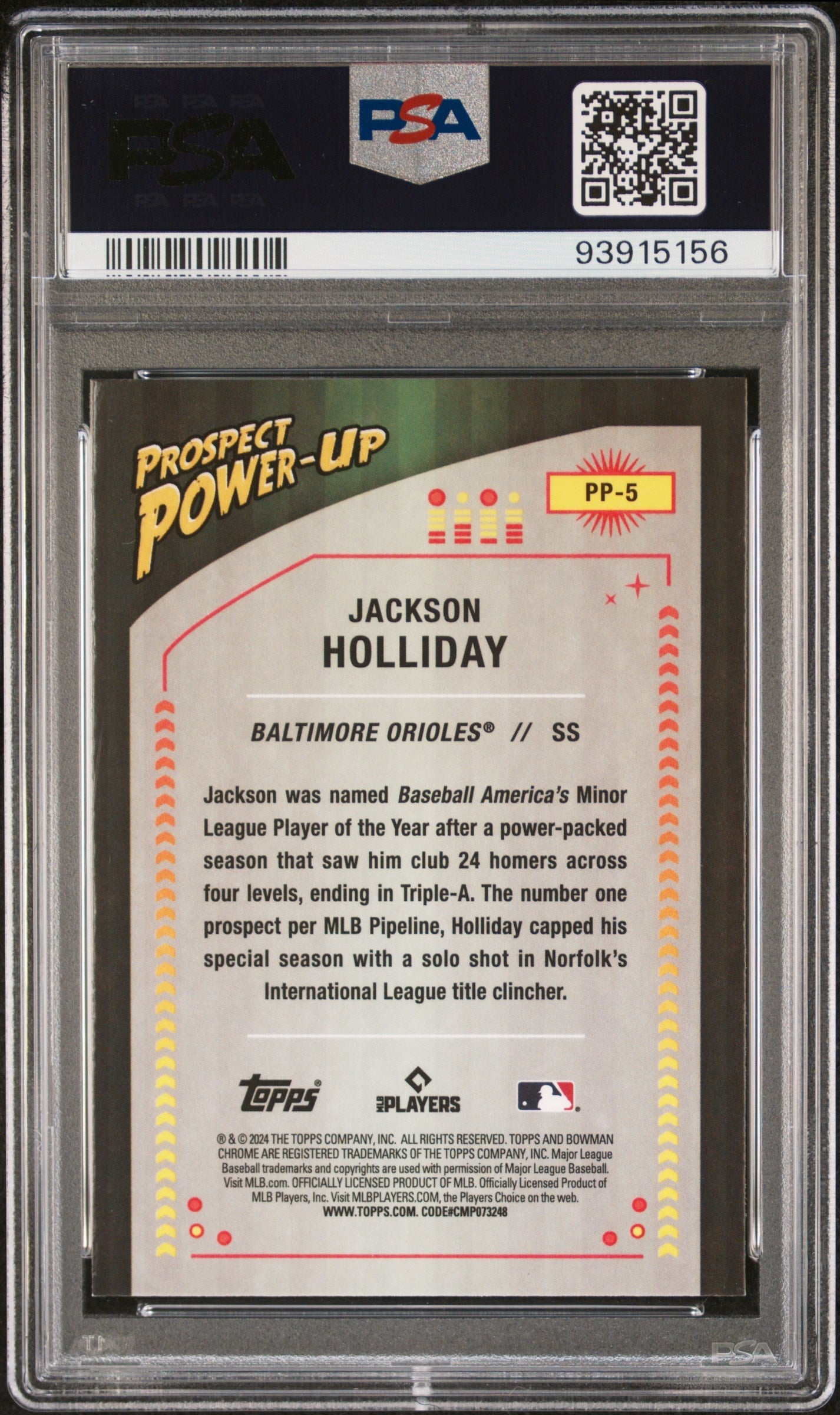 Graded 2024 Topps Bowman Jackson Holliday #PP5 Prospect Power Up Rookie RC Baseball Card PSA 10 Gem Mint