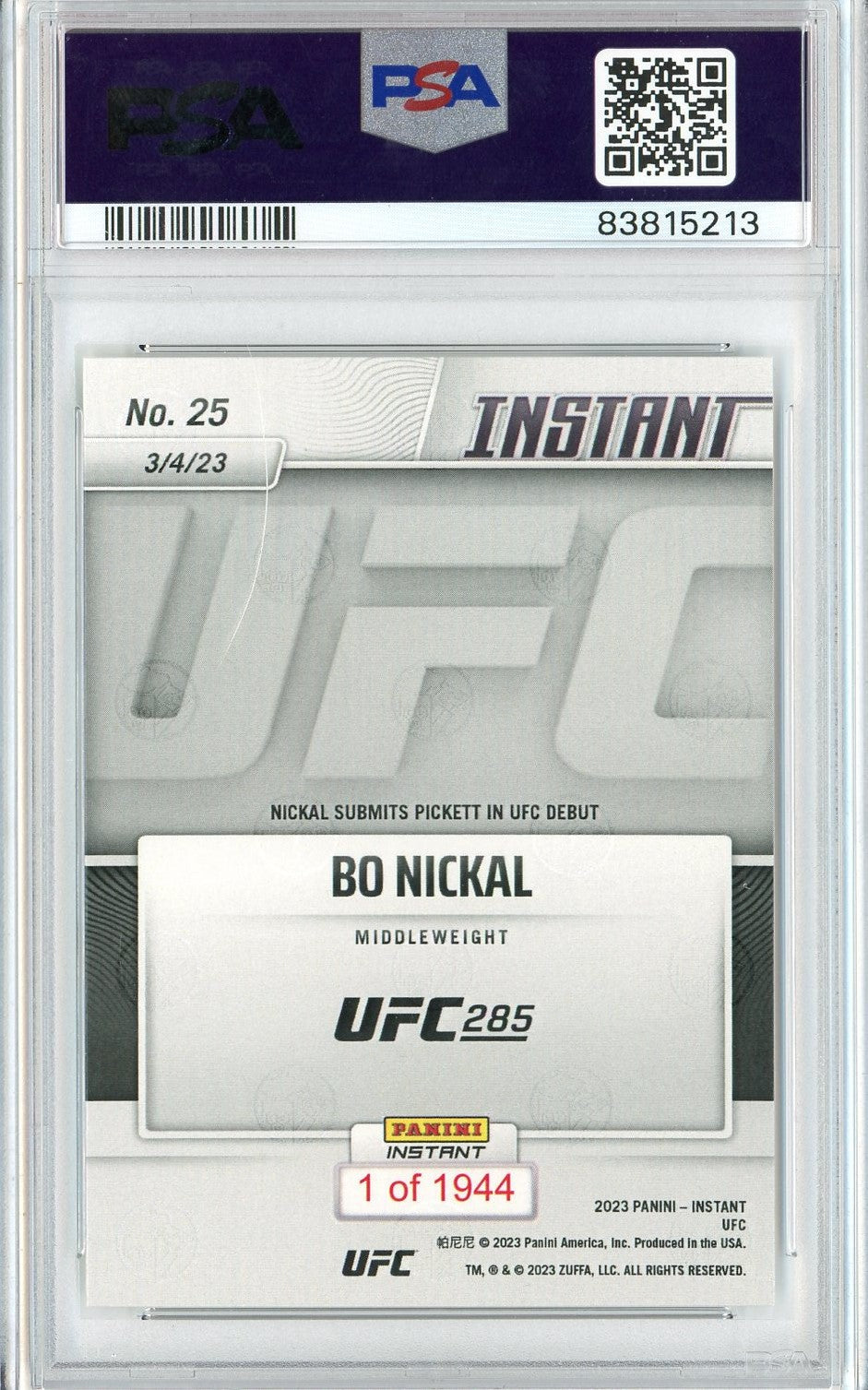 Graded 2023 Instant UFC Bo Nickal #25 Rookie RC UFC MMA Card PSA 10 Gem Mint