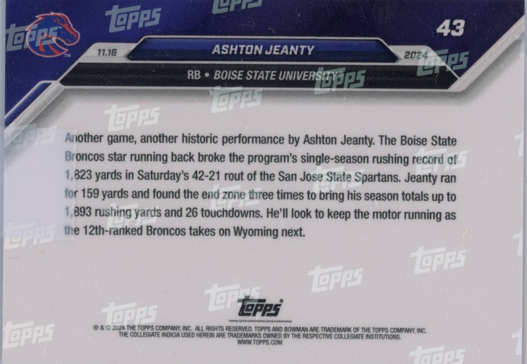 2024 Topps Bowman U Now Ashton Jeanty #43 Purple #/25 Boise State Broncos Rookie RC Football Card