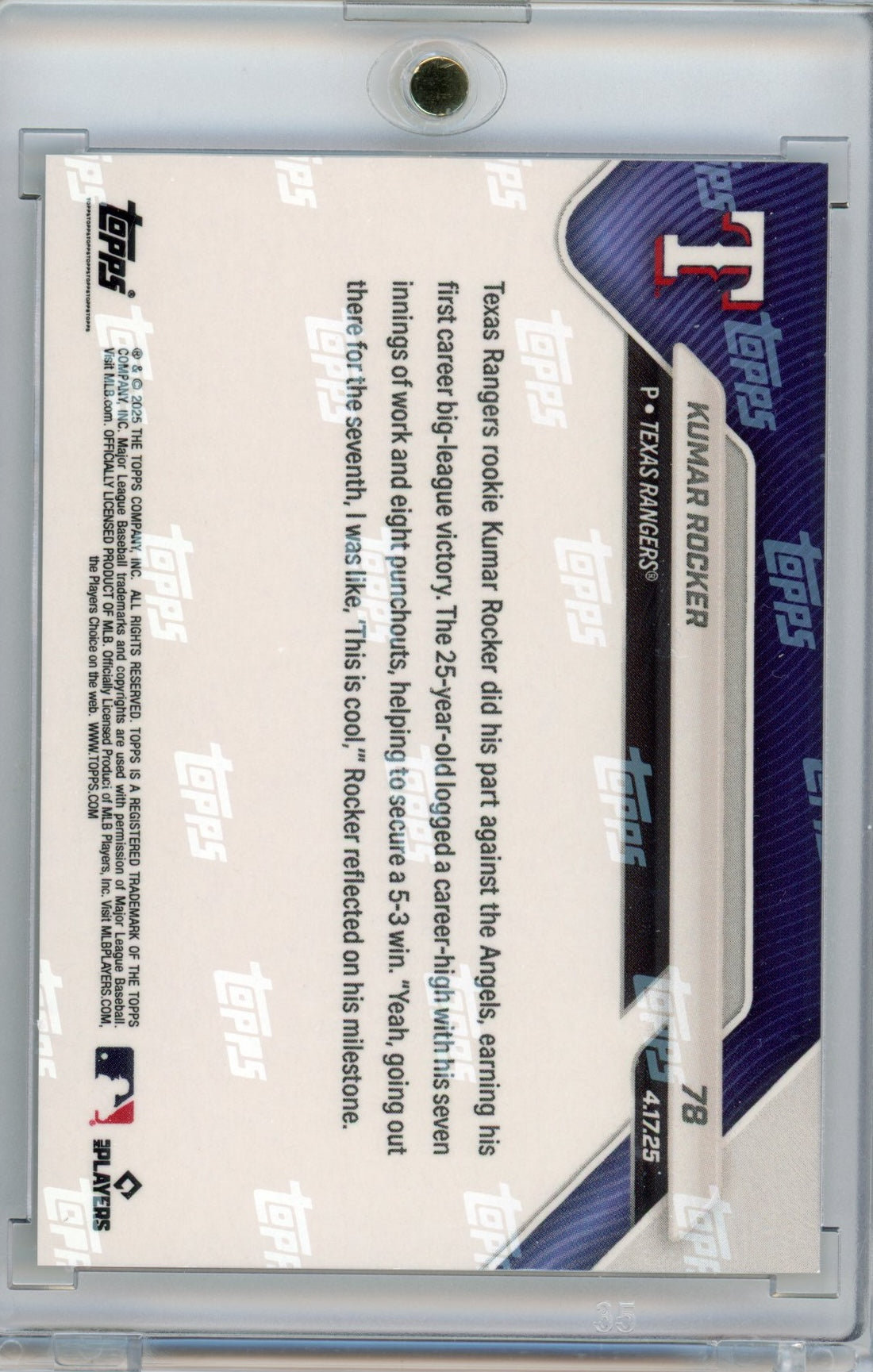 2025 Topps Now Kumar Rocker #78 Black /10 Secures 1st MLB Win Rookie RC Baseball Card