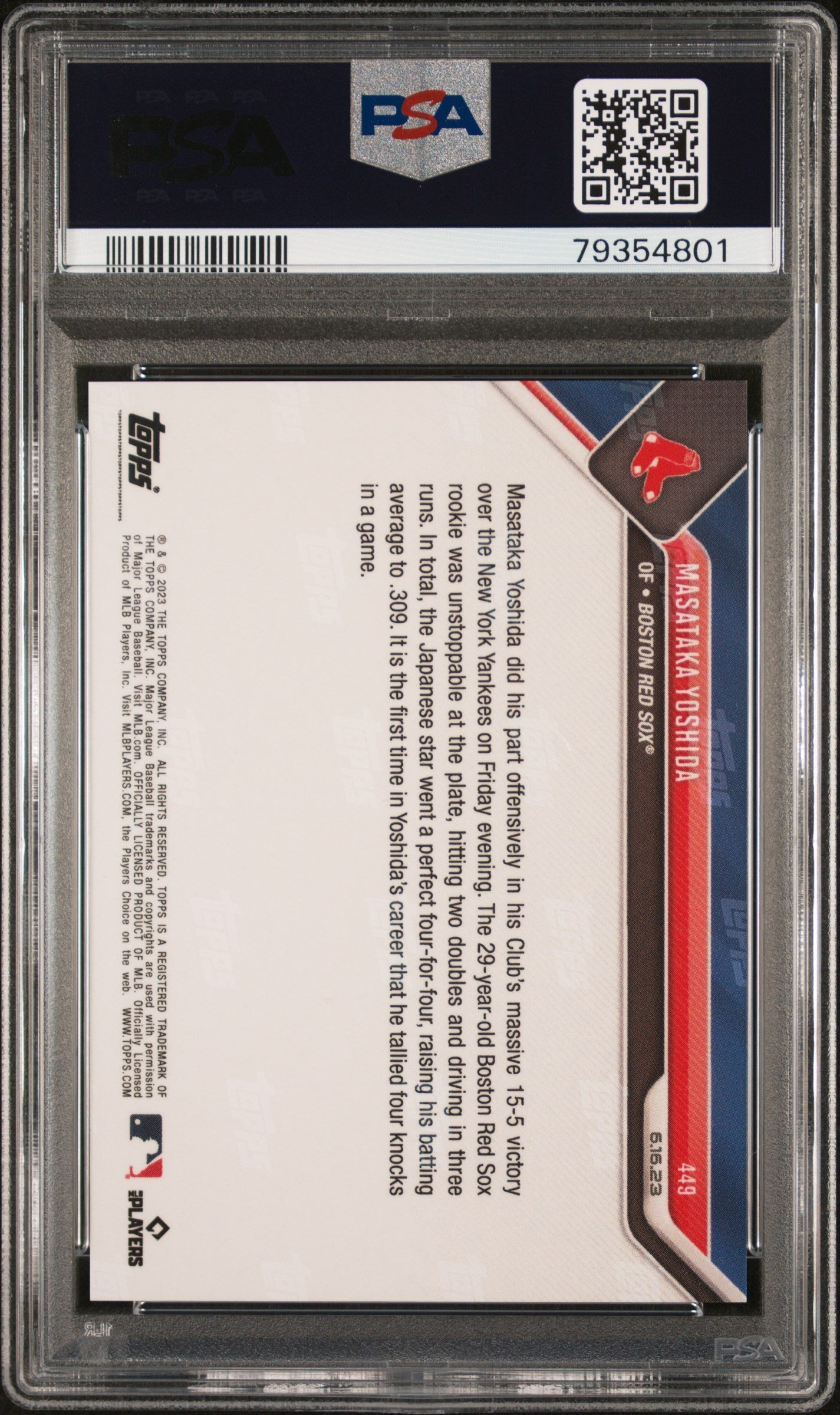 Graded 2023 Topps Now Masataka Yoshida #449 Rookie RC Baseball Card PSA 10 Gem Mint