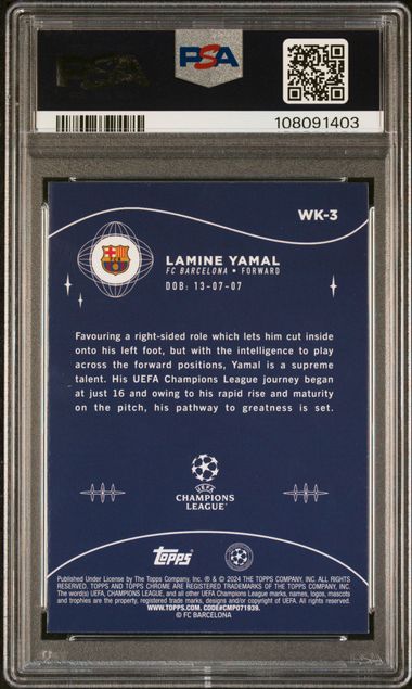 Graded 2023 Topps Chrome UCC Lamine Yamal #WK3 Wonderkids Rookie RC Soccer Card PSA 9 Mint