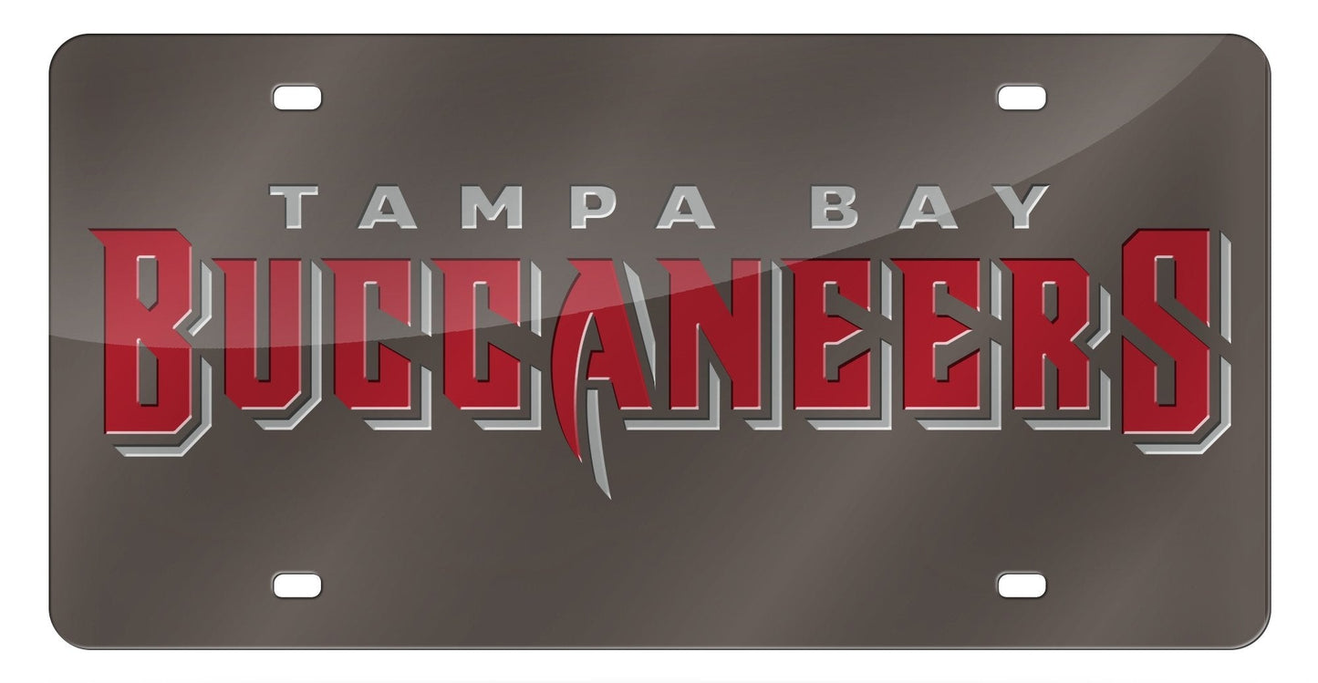 Tampa Bay Buccaneers Premium Laser Cut Tag License Plate, Pewter Mirrored Acrylic Inlaid, 12x6 Inch