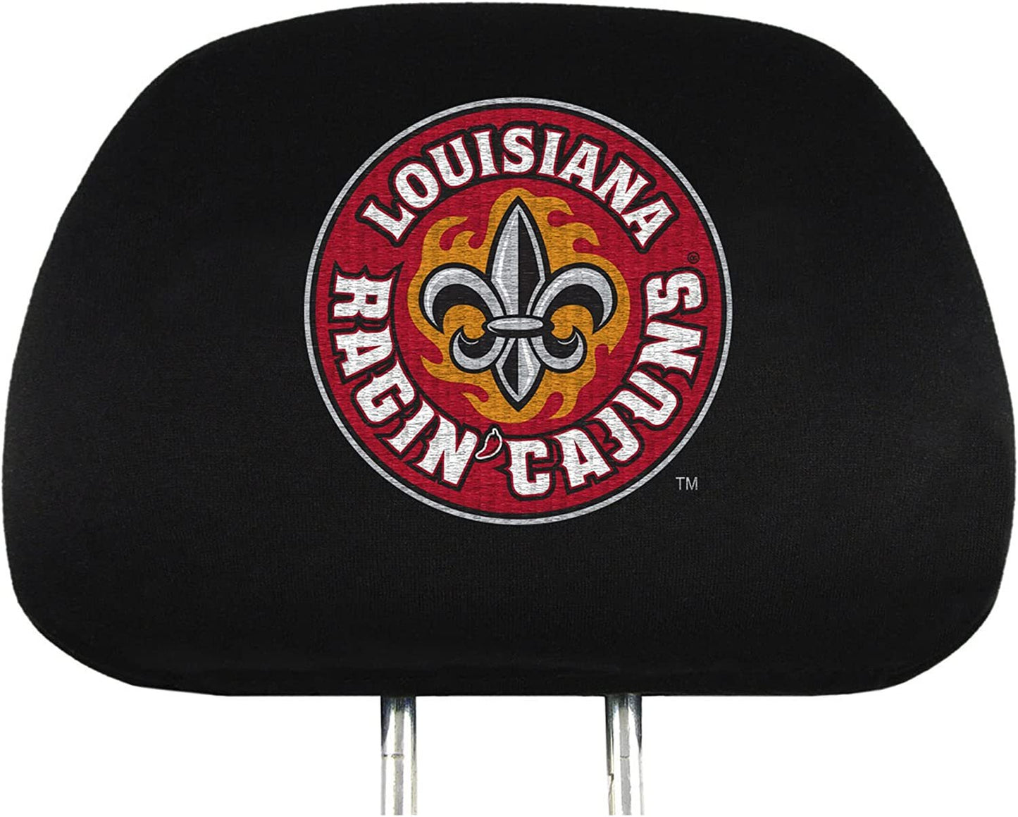 University of Louisiana at Lafayette Ragin Cajuns Pair of Auto Head Rest Covers, Embroidered, Black Elastic, 14x10 Inch
