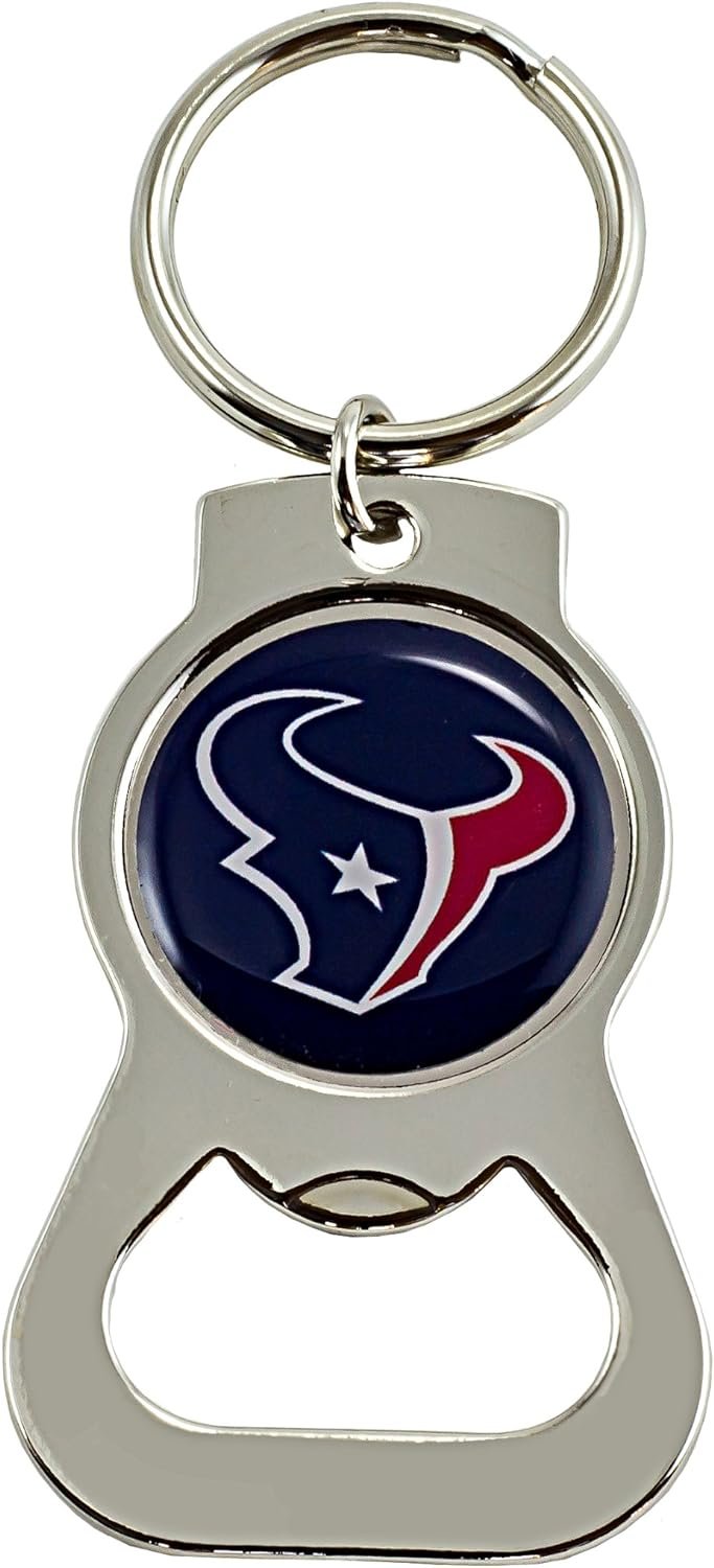 Houston Texans Premium Solid Metal Bottle Opener Keychain, Silver Key Ring, Team Logo
