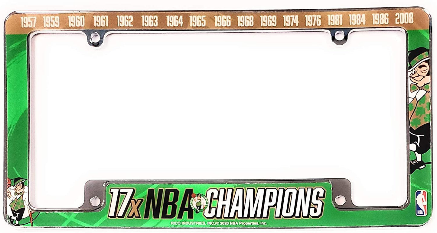 Boston Celtics 17X Champions Metal License Plate Frame Chrome Tag Cover, All Over Design, 12x6 Inch