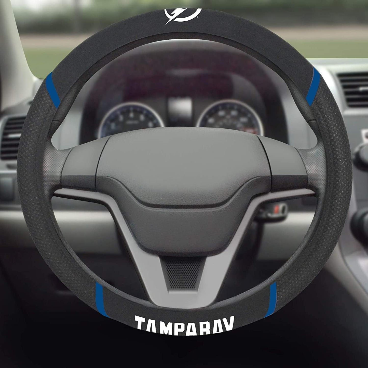 Tampa Bay Lightning Steering Wheel Cover Premium Embroidered Black 15 Inch