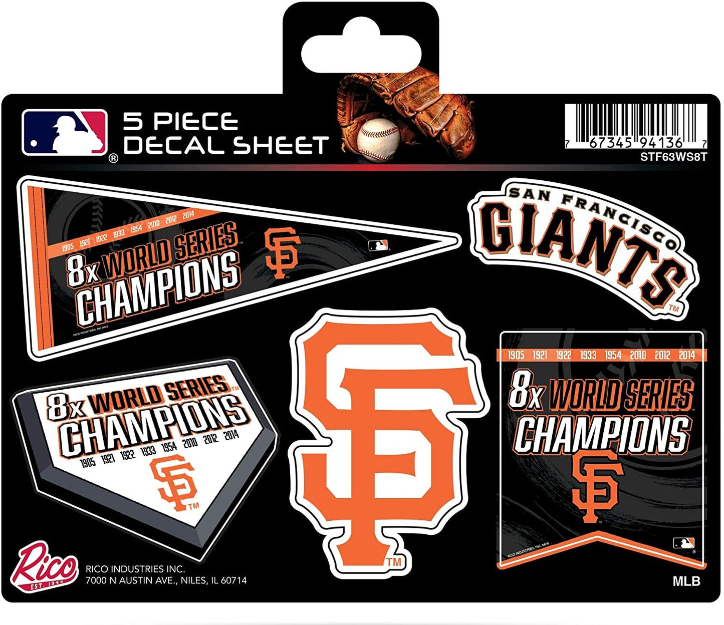 San Francisco Giants Decal Sticker Sheet, 8-Time Champions, 5-Piece Multi Sheet Flat Vinyl Emblem World Series Baseball