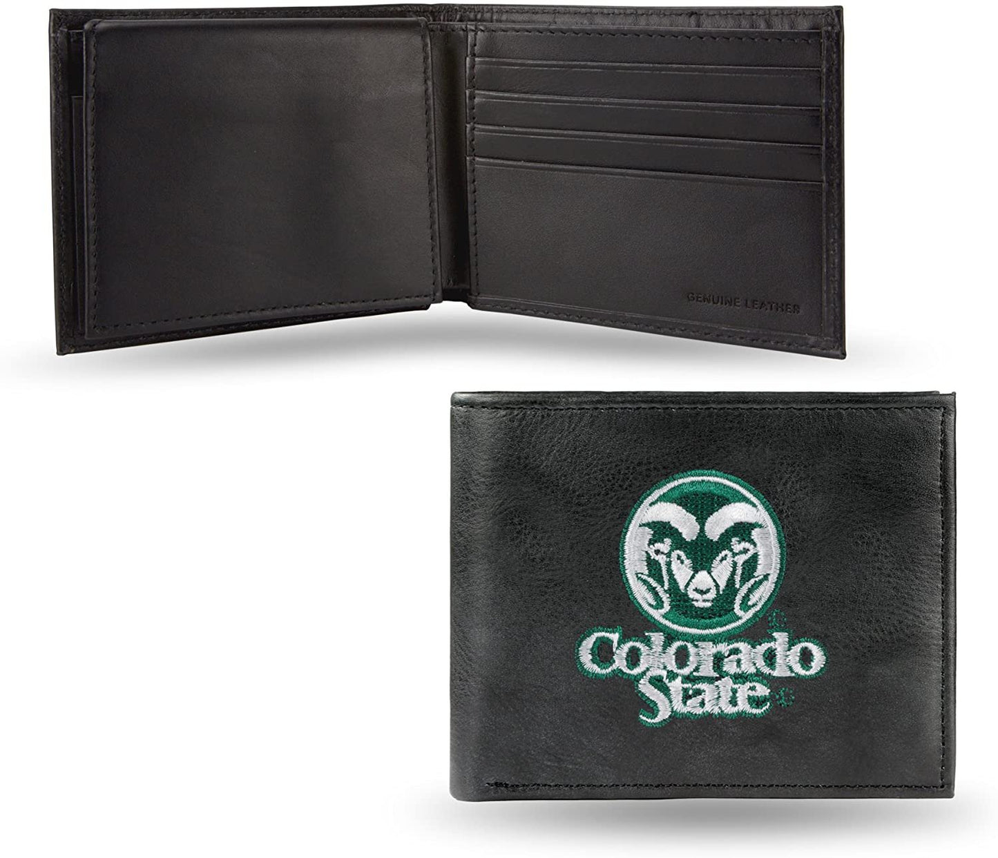Colorado State University Rams Premium Black Leather Wallet, Bifold Billfold, Embroidered Logo