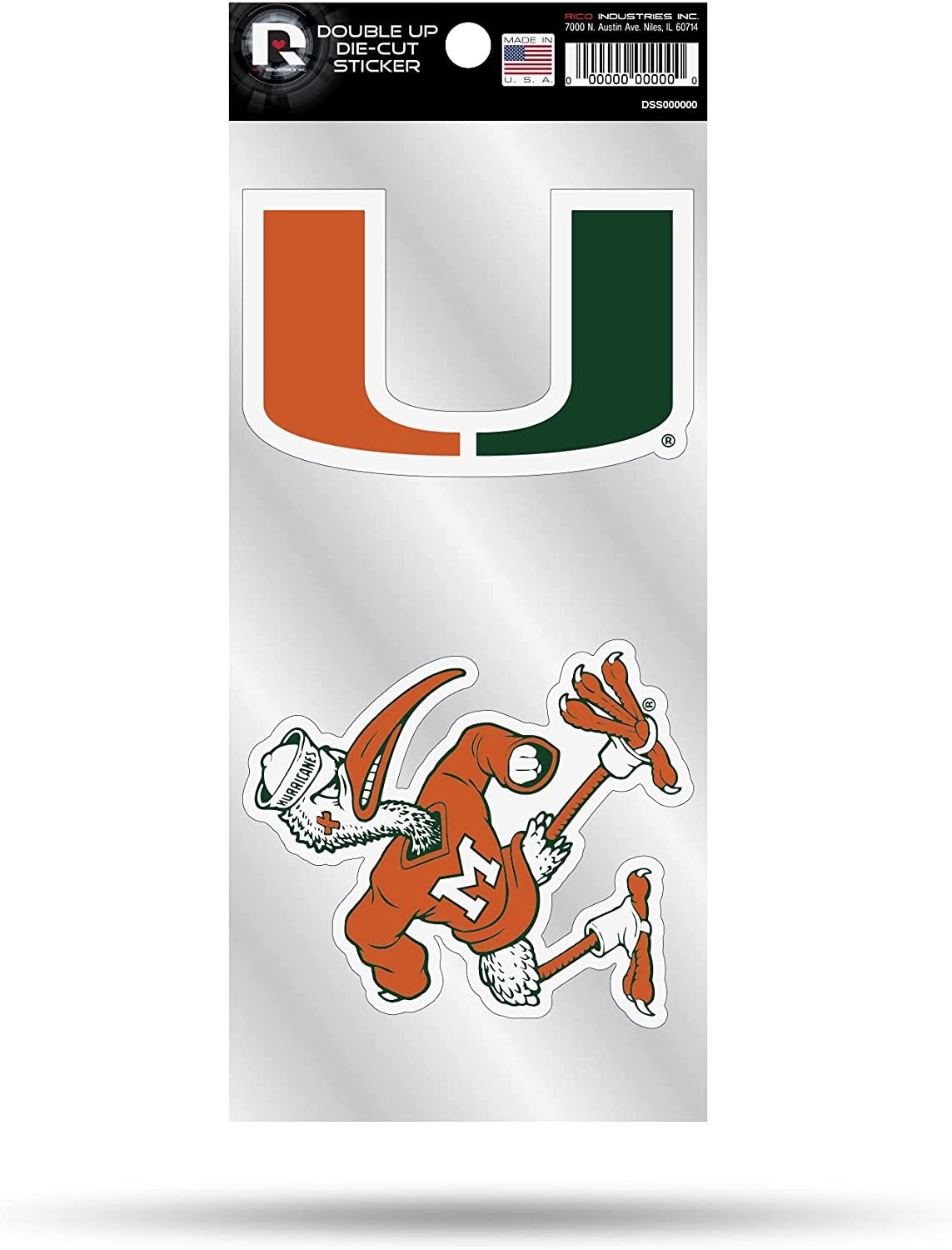 University of Miami Hurricanes Double Up Die Cut 2-Piece Sticker Sheet 4x9 Inch