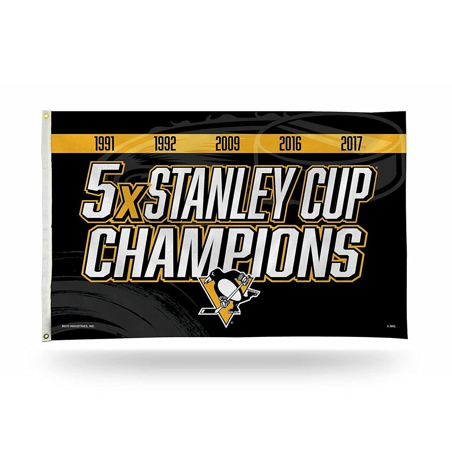 Pittsburgh Penguins 5X Stanley Cup Champions 3x5 Foot Flag Banner, Metal Grommets, Indoor Outdoor, Single Sided