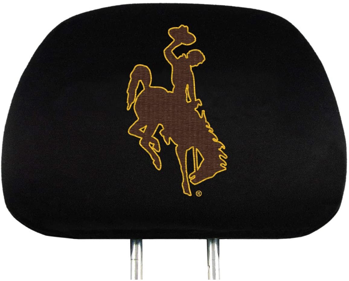 University of Wyoming Cowboys Pair of Premium Auto Head Rest Covers, Embroidered, Black Elastic, 14x10 Inch