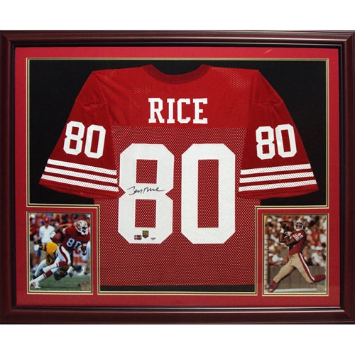 Jerry Rice Autographed San Francisco 49ers (Red #80) Deluxe Framed Jersey - PSADNA