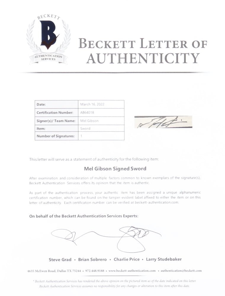 Mel Gibson Signed "Braveheart" Full-Size Prop Replica Sword (Beckett & Celebrity Authentics)