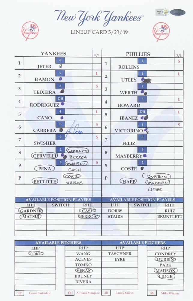 Melky Cabrera Signed Yankees 11x17 Lineup Card (Steiner & MLB)