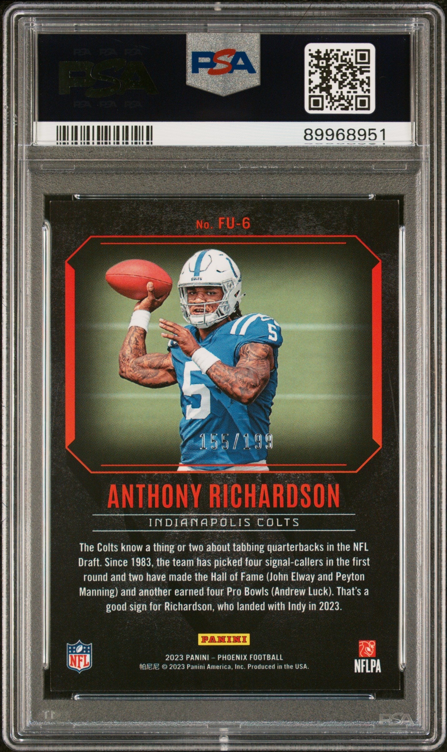 Graded 2023 Panini Phoenix Anthony Richardson #FU6 Fired Up Red #/199 Rookie RC Football Card PSA 10 Gem Mint