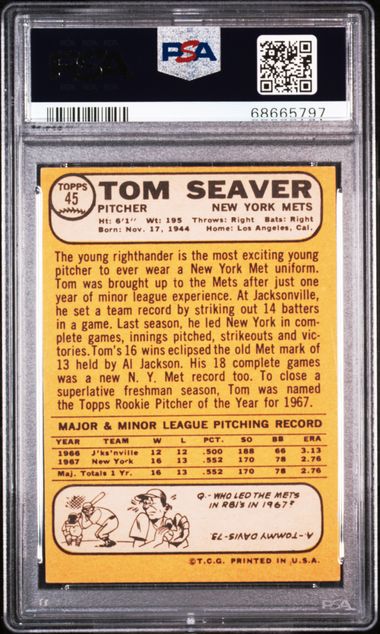 Graded 1968 Topps Tom Seaver #45 All Star Rookie Baseball Card PSA 5 EX